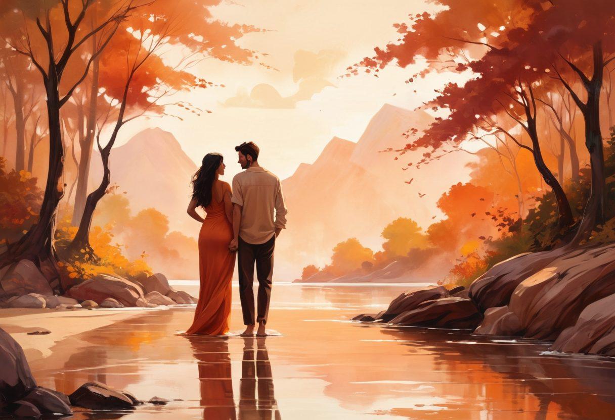 A captivating and abstract representation of a sensual landscape, blending elements of pleasure and wellness, featuring soft curves and warm colors, intertwined with symbols of health like hearts and leaves. The atmosphere is inviting, with gentle lighting creating an intimate ambiance. The background has silhouettes of diverse couples enjoying each other's company, emphasizing inclusivity and connection. painterly style. warm tones. soft focus.