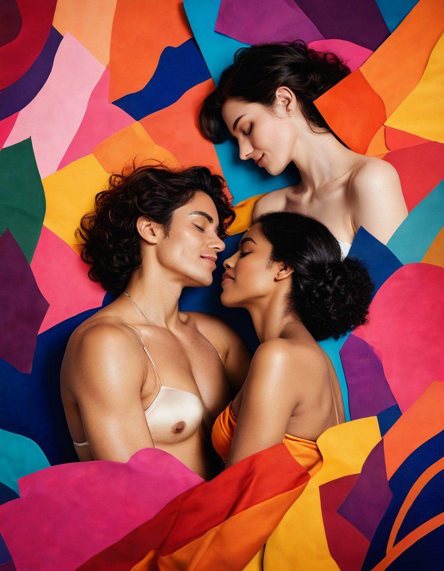 A vibrant and inclusive collage showcasing diverse individuals engaged in playful and consensual moments of intimacy, surrounded by symbols of pleasure like soft lighting, silk sheets, and colorful art. The background should feature abstract forms representing boundaries being explored and respected, with an overall celebratory tone. super-realistic. vibrant colors. soft lighting.