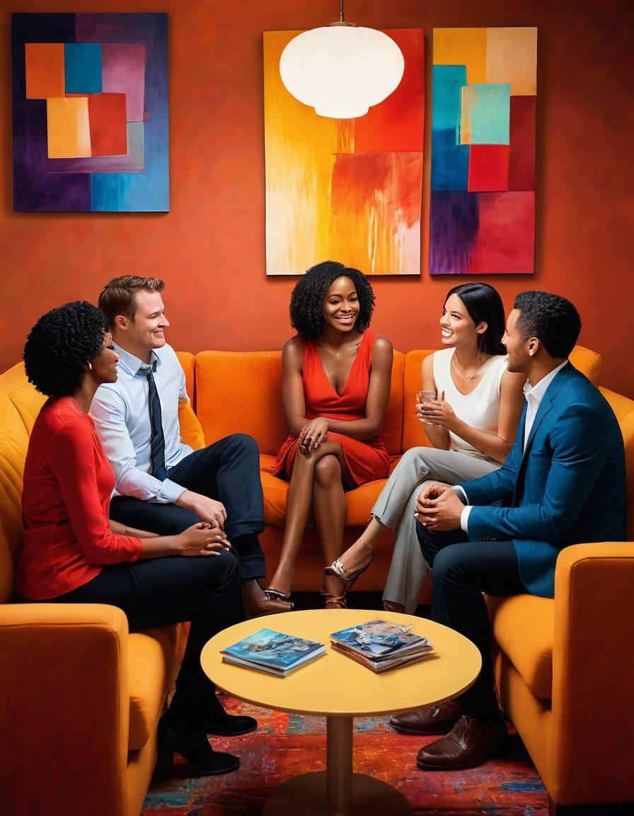 A warm and inviting scene featuring a diverse group of adults engaged in an open, candid conversation about relationships and intimacy, surrounded by cozy décor and soft lighting. Include elements representing pleasure and empowerment, such as colorful abstract art on the walls and comfortable seating arrangements. Capture genuine expressions of engagement and support as they share ideas. super-realistic. vibrant colors. warm tones.